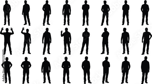 Silhouettes of men in various standing poses, casual postures and gestures, human figure collection, minimal black illustration isolated background