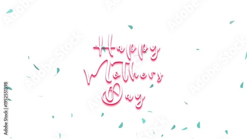 Happy Mother's Day text in decorative pink font on a white background with scattered blue petals, celebrating mothers.