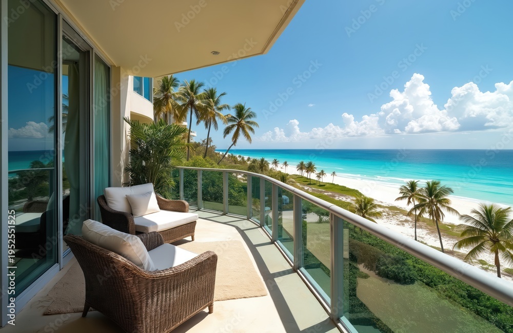 Naklejka premium Modern balcony with wicker chairs overlooks tropical beach and turquoise sea. Palm trees line white sand shore. Sunny day with blue sky and clouds.