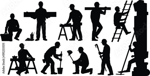 Construction worker silhouettes with tools, ladder climbing, digging and carpentry tasks, industrial labor set, builders at work vector illustration collection