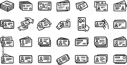 Personal Identification and Documentation Line Art Icons Set. Outline Vector Graphics for Identity Verification, Security, Travel, and Access Control Management.