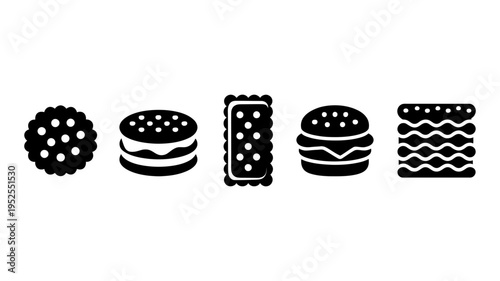 A horizontal arrangement of five diverse solid black icons representing various cookies and biscuits.