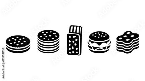 A horizontal array of five distinct solid black icons representing various charcuterie and meat products.