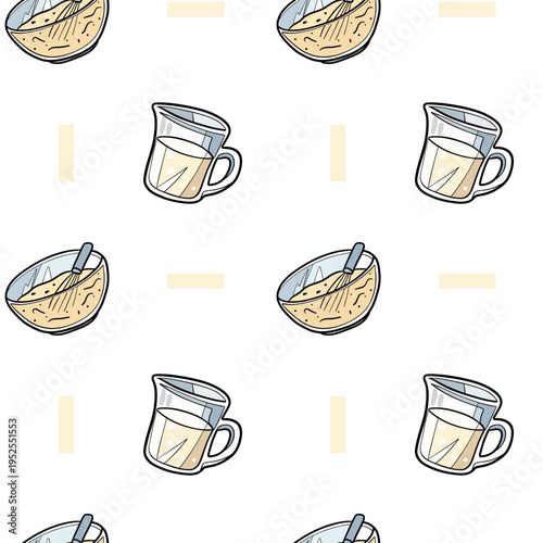 Baking Dough and Milk Seamless Pattern Vector Kitchen Background Mixing Bowl Whisk Illustration
