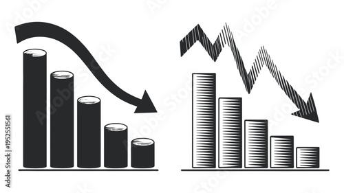 Two stylized bar graphs with prominent downward arrows depicting significant negative financial trends.