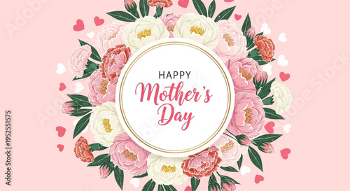 Happy Mother's Day Floral Card with Peonies and Carnations Wreath on Pink Background