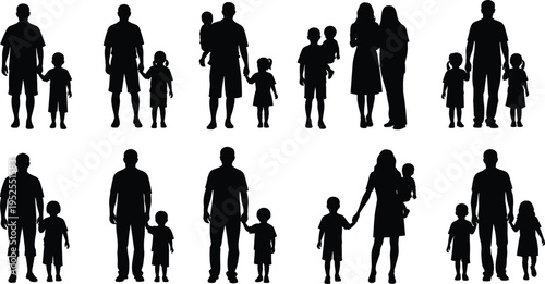Silhouettes of parents with children in various poses, family relationships and parenting concept, togetherness lifestyle, minimal black illustration isolated background