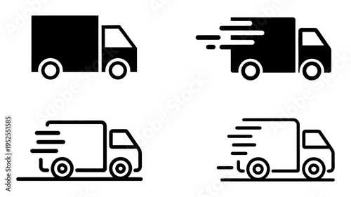 A collection of four delivery truck icons showcasing both solid and outline styles with speed indications.