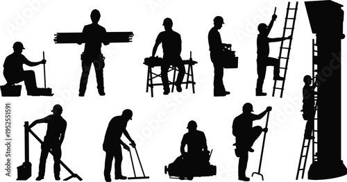Construction worker silhouettes with tools, ladder climbing, maintenance and carpentry tasks, industrial labor set, builders performing site work vector illustration collection