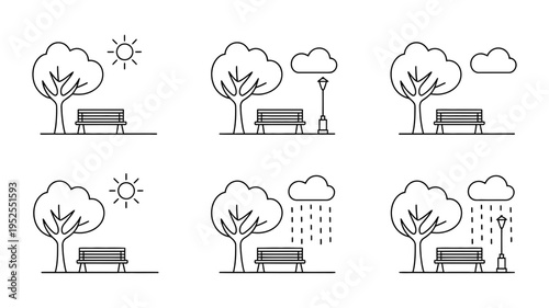 A set of line art illustrations depicting a park bench under a tree across various weather conditions.
