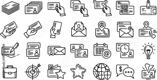 Black  White Line Art Business and Contact Card Icons for Networking, Communication, and Identity Management