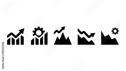 A collection of black and white icons illustrating financial trends, operational adjustments, and market dynamics.