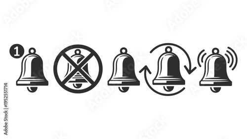 A set of five outline bell icons showcasing diverse notification statuses and interactive functions.