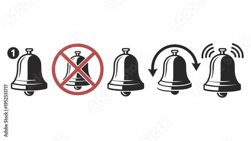 A row of five detailed outline bell icons displaying notification states and alerts.