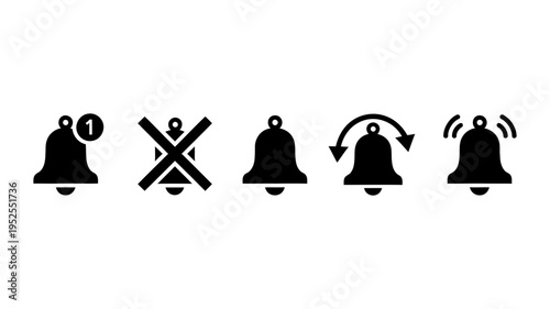 A collection of five solid black bell icons representing different notification and alert system states.
