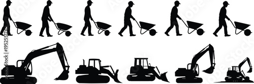 Construction worker wheelbarrow walking sequence, excavator and bulldozer machinery silhouettes, industrial labor concept, building site activity vector illustration isolated on white background
