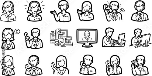 Black and White Line Art Customer Service Icons. Outline Set of Call Center Agents, Support Professionals with Headsets and Telephones for Help Desk.