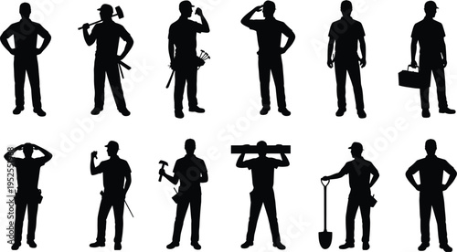 Construction workers silhouette set, builders holding tools in different poses, industrial labor workforce concept vector illustration isolated on white background