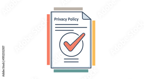 Privacy policy document with a checkmark in a circle, indicating approval and data protection compliance, personal information