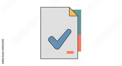 Document with a blue checkmark and layered paper effect, symbolizing confirmation and successful completion