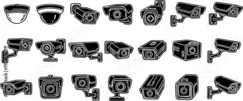 Security and Surveillance CCTV Cameras Outline Line Art Icon Set. Black and White Linear Devices for Home and Business Monitoring.