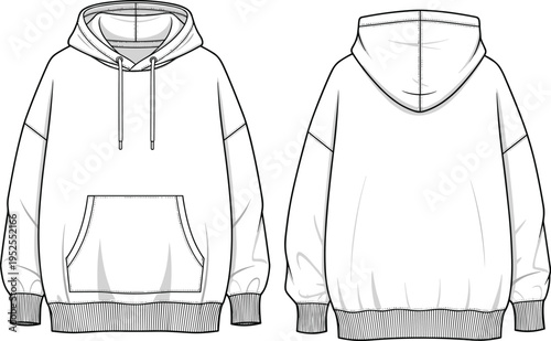 Hoodie sweatshirt vector illustration, front and back view apparel template, casual streetwear design, hooded pullover with pocket, fashion clothing sketch, modern garment outline