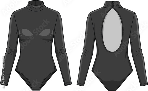 Long sleeve bodysuit vector illustration, front and back view fashion template, high neck garment with open back detail, elegant fitted apparel design, modern clothing sketch