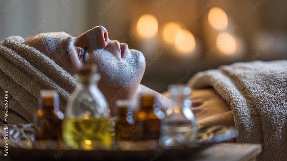 Obraz premium Woman relaxes in spa setting, face mask applied, surrounded by candles & aromatherapy oils. Soft lighting & cozy atmosphere
