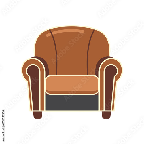 A brown leather armchair with a light brown seat cushion