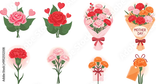 Mother day flower bouquet collection with roses carnations hearts romantic floral arrangements gift vector illustration set