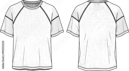 Raglan sleeve t-shirt vector illustration, front and back view clothing template, textured fabric casual apparel design, sporty tee garment, modern fashion sketch, everyday outfit
