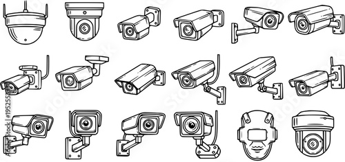 Security and Surveillance Camera Systems Line Art Icon Set. Hand-drawn outline collection of CCTV, dome, bullet, and face recognition devices for monitoring and protection.