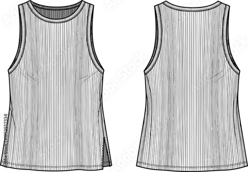 Ribbed tank top vector illustration, front and back view clothing template, textured sleeveless apparel design, fitted casual garment, modern minimalist fashion sketch, everyday outfit