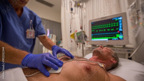 An emergency medical responder attaching defibrillator pads onto patient chest during cardiac resuscitation.