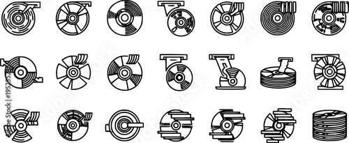 Black and White Line Art Icons of Various Disk Drives and Storage Media