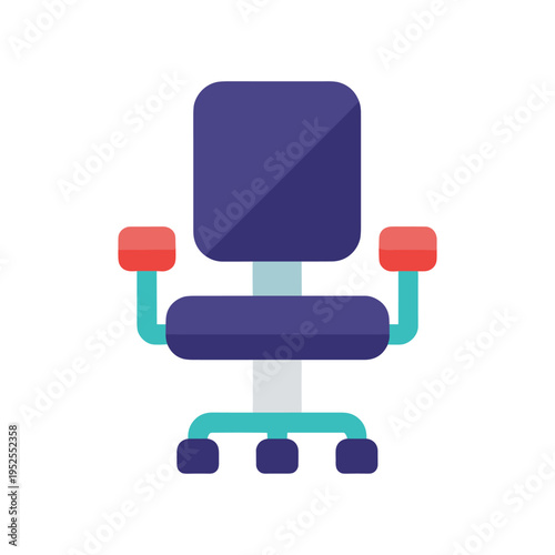 A blue office chair with red armrests