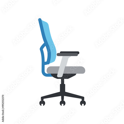 A blue and gray office chair on wheels