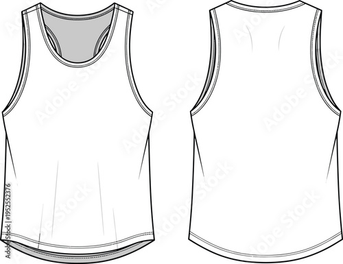 Tank top vector illustration, front and back view clothing template, sleeveless casual apparel design, basic athletic garment, minimal fashion sketch, everyday summer outfit