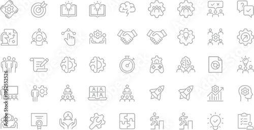 Diverse set of 49 sketch-style icons for business strategy, planning, and teamwork
