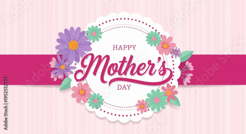 Happy Mother's Day Floral Greeting Card with Elegant Pink Stripes, Ribbon, and Scalloped Flower Badge