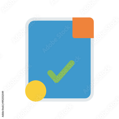 A blue square with a green checkmark and colorful accents