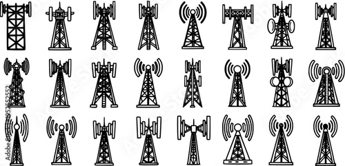 Black and White Line Art Icons of Various Communication Towers, Cellular Antennas, and Transmission Masts