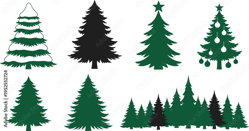 Fototapeta premium Christmas tree silhouette collection with decorated and natural pine shapes holiday evergreen forest vector illustration set