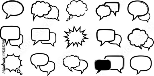 Communication and Social Media Industry: Black  White Line Art Vector Set of Speech Bubbles, Thought Clouds, and Chat Boxes for Dialogue and Ideas.