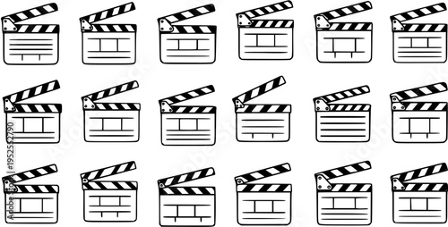 Film Production Clapboard Vector Icons Set. Black and White Movie Clapper Board Line Art Collection for Cinema and Entertainment.
