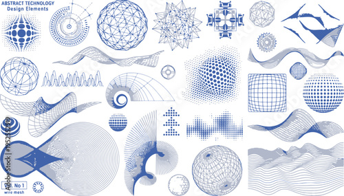 Abstract blue geometric shapes and wave forms, data visualization, network patterns, sound wave