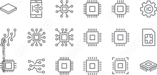 Computer chip and microprocessor icons set: cpu, circuitry, technology components, integrated circuit