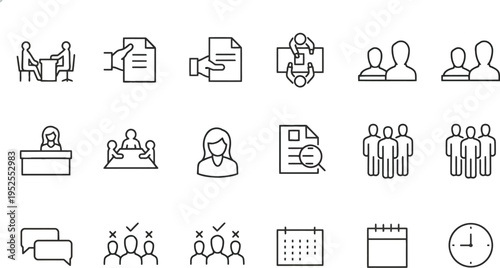 Business meeting and hr icons: teamwork, interview, strategy, planning, calendar, time management, collaboration icons, human resources