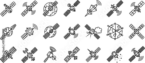 Space and Technology Line Art Icons: Collection of Satellite and Communication Spacecraft Glyphs in Black and White Outline Style