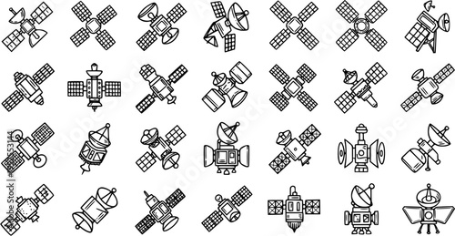 Black and White Line Art Icons of Various Satellites for Technology and Space Exploration